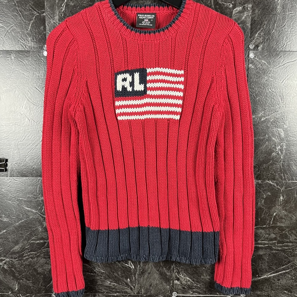 Polo Ralph Lauren Women's Red Co USA Flag Knit Sweater Medium